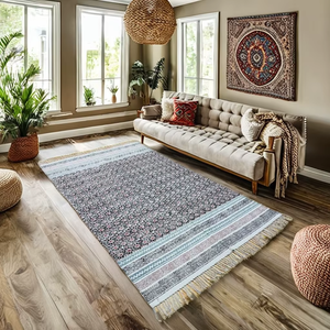 Boho Floral Printed <b>Thin</b> Cotton Dhurrie <b>Rug</b> Handmade Eco-Friendly Washable Outdoor Home Decor From India - Product Image 1