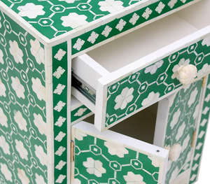 Handmade <b>Green</b> And White Floral Bone Inlay Nightstand Bedside Table <b>Cabinet</b> With Drawer And Storage Doors Decorative Accent - Product Image 4