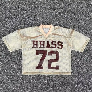 Jersey de béisbol de malla de algodón personalizado al por mayor, camiseta cuadrada con estampado de rayas de punto, camiseta de malla recortada con cuello en V de gran tamaño - Product Image 1