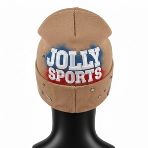 Gorro de Punto Suave para Mujer, Tejido de 280 g/m², Color Beige, Texto Bordado y Parche de Mezclilla, Logotipo Personalizado, Tachuelas Metálicas, Gorro Jacquard - Product Image 2