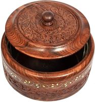 Boîte à chapati en bois élégante faite à la main avec couvercle à motif floral sculpté, cuillères, préservation de la fraîcheur - Décoration de cuisine indienne, prix de gros