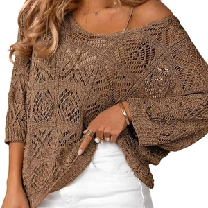 Crochet évider 3/4 manches pull pull épaules dénudées T-shirts femmes 2025 printemps été décontracté 100% Polyester Badge - Product Image 4