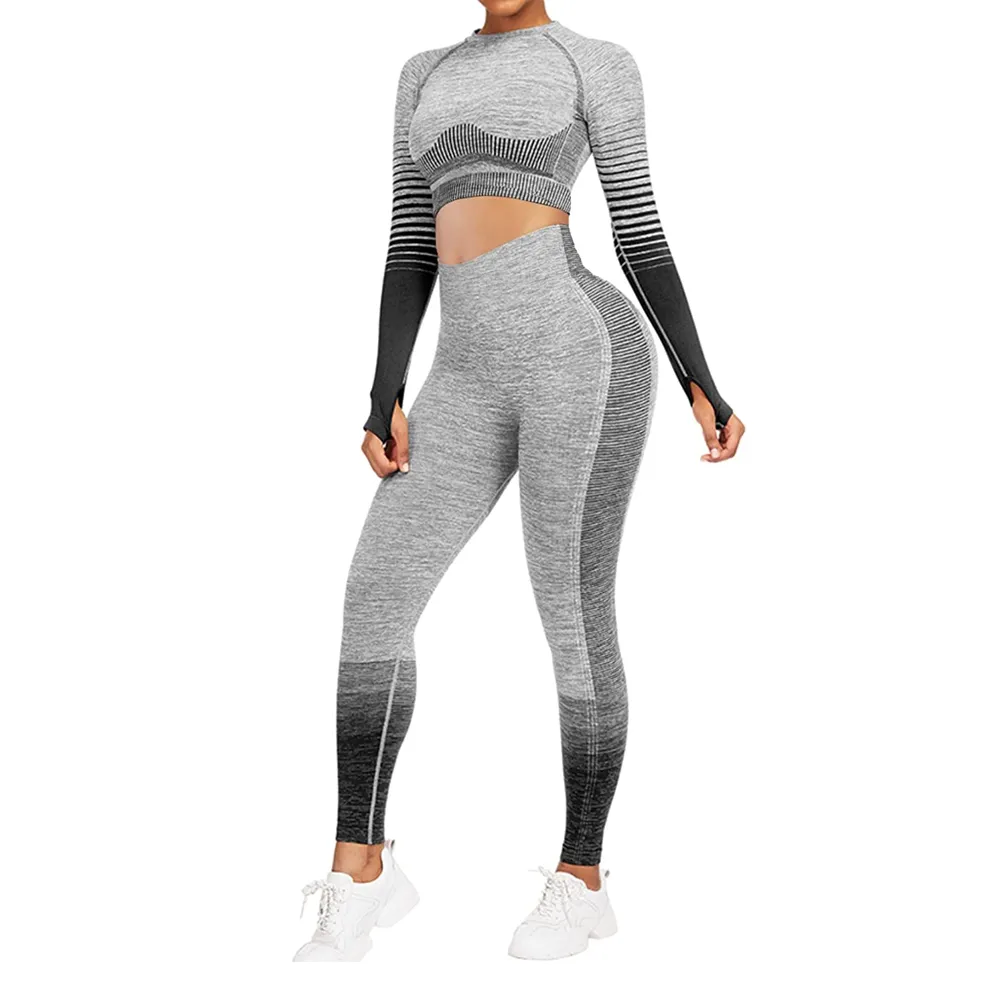 Workout-Sets für Frauen 2-teilige Workout-Outfits Yoga-Leggings mit hoher Taille Langarm-Crop-Tops Active Wear-Set