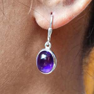 Boucles d'oreilles pendantes en argent sterling 925 avec améthyste naturelle, pierre précieuse violette, design ovale fait main, bijoux pour le mois de février, couleur or - Product Image 4