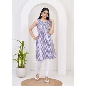 Mujer Púrpura Chevron/Zig Zag Recto Kurti Estampado de moda Algodón con cuello de lazo Media manga Skinny Fit Talla XL - Product Image 3
