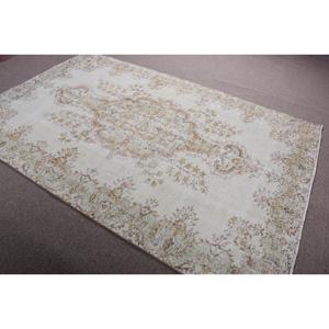 5,9x9 ft Large Vintage Rug, Turkish Rug, White <b>Yellow</b> Southwestern <b>Wool</b> Rug - Product Image 4