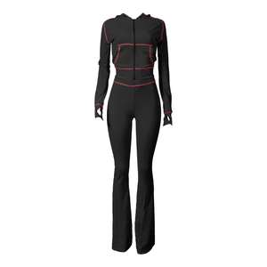 Ensemble de vêtements de sport d'hiver pour femmes avec logo personnalisé, pantalon évasé au niveau du genou, sweat-shirt court, style rétro Y2K, motif uni, décontracté - Product Image 5