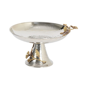 Nuevo Plato de Servir Moderno Plateado Martillado, Soporte Decorativo para Pastel de Metal Artesanal con Diseño de Hojas Doradas para Bodas - Product Image 1