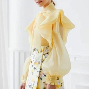 Custom Solid Long Puff Sleeve Bow Collar Office Lady <b>Women</b> <b>Blouse</b> Spring Fashion Ruffle Chiffon <b>Women's</b> <b>Blouses</b> <b>Shirts</b> - Product Image 5