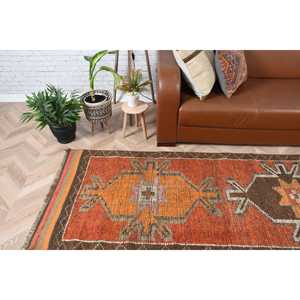 2.9x10.2 ft Vintage Patchwork Runner Rug Eco-Friendly Orange <b>Brown</b> Turkish Solid <b>Wool</b> with Latex Backing - Product Image 2