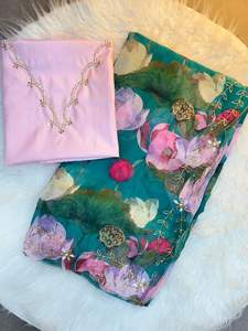 Sari Elástico Ecológico de Tela Organza con Estampado Floral Estilo Celebridad, con Blusa Cortada y Detalles Hechos a Mano para Adultos - Product Image 4