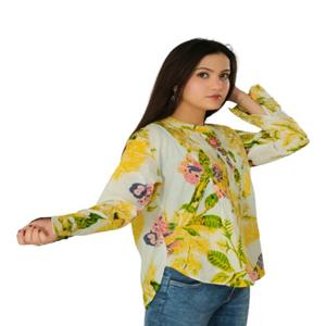 Haut en coton jaune, hauts sérigraphiés, chemisier femme, chemises bohème hippie en coton pour femme - Product Image 2