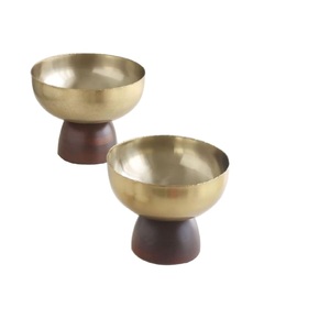 Golden Finishing Fruits Salad Serving Or <b>Mixing</b> <b>Bowl</b> With Wooden Base <b>Set</b> <b>of</b> 2 Metal Gold Plated Finishing <b>Bowl</b> With Wooden Base - Product Image 1