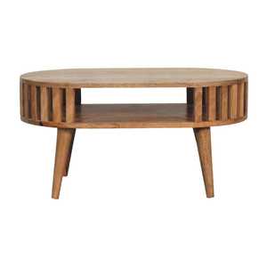 Elegant Modern Artisan Crafted Oval Coffee Table Durable Mango <b>Wood</b> with <b>Slatted</b> Gallery Tapered Legs for Living Spaces - Product Image 1