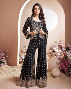 Top Trending Faux Georgette bordado trabajo Koti Set Palazzo Color negro para damas ropa India pakistaní para boda - Product Image 3