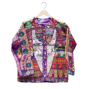 Handmade Banjara Mirror <b>Work</b> Quilted Denim Cotton Floral Autumn Winter Quick Dry V-neck Rajasthan Artistry Relaxed Fit <b>Women's</b> - Product Image 1