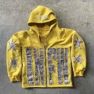 Personalizado de peso pesado 300-500GSM algodón Vintage ácido lavado de gran tamaño hombres diamantes de imitación Chenille parche bordado sudaderas con capucha desgastadas - Product Image 5