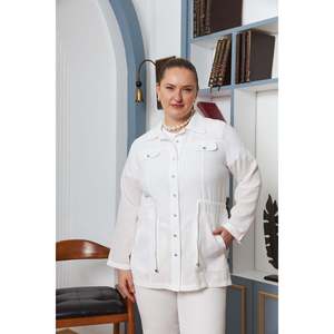 Veste en lin mélangé blanc grande taille RMG avec ceinture ajustable, vêtement d'extérieur confortable et élégant pour femmes - Product Image 1