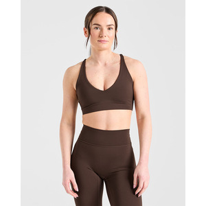 Soutien-gorge de sport de base marron de marque en gros Bretelles dorsales réglables Décolleté en forme de V Soutien-gorge de sport de fitness pour femmes adultes à impact élevé - Product Image 3