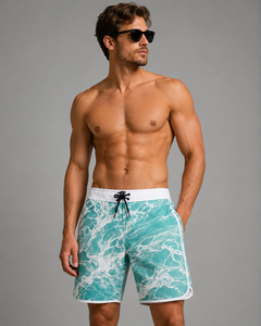 <b>Men</b> Beach Shorts Quick Dry Drawstring Mid Waist Printed Polyester Swim <b>Trunks</b> Short Length Floral Palm Wave Pattern - Product Image 3