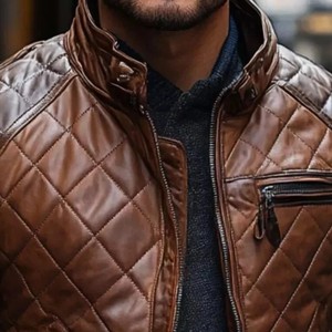 Chaqueta de cuero acolchada marrón para hombre, chaqueta de cuero de piel de cordero auténtica estilo motorista, informal, lisa, con logotipo personalizado, desgastada, 2017 - Product Image 1