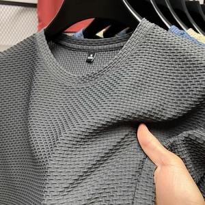 Camiseta de Manga Corta para Hombre, de Malla de Bambú y Seda de Hielo, con Estampado a Cuadros, Transpirable, Casual, Elástica y Ajustada para Verano - Product Image 5