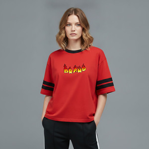Camiseta de mujer personalizada con logo, 100% algodón, de alta calidad, cuello redondo, manga corta, informal, holgada, de dos tonos. - Product Image 1
