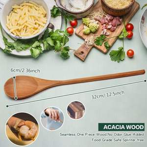 Cuillères en bois d'acacia, ensemble de 2 cuillères en bois à manche fin pour la cuisine, pour mélanger la salade, déguster et remuer - Product Image 3