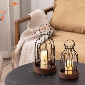 Juego de 2 farolillos decorativos rústicos para casa de campo, soporte para velas Vintage con base de madera, rollo de Metal negro decorativo - Product Image 5