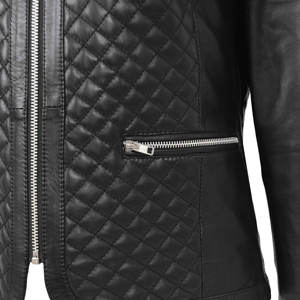 Veste en cuir souple pour femme avec logo personnalisé, sans col, design matelassé décontracté, veste en cuir noir tendance - Product Image 5