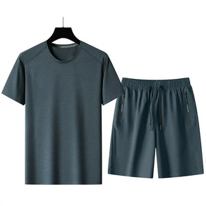 Ensemble deux pièces pour homme tendance, manches courtes, 100% coton respirant, col rond, chemise et short, coupe estivale pour homme - Product Image 1