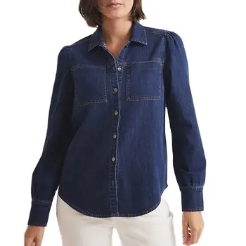 Women work shirt button up long sleeve 100% Cotton denim Slim fit Western country denim blue shirt ladies arena shirt