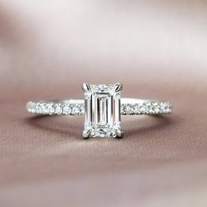 10x7mm Emerald Cut Diamond Engagement Ring | Solitaire Pave Band | Sterling Silver 18K Gold Plated Minimalist Women's Bridal - Product Image 1
