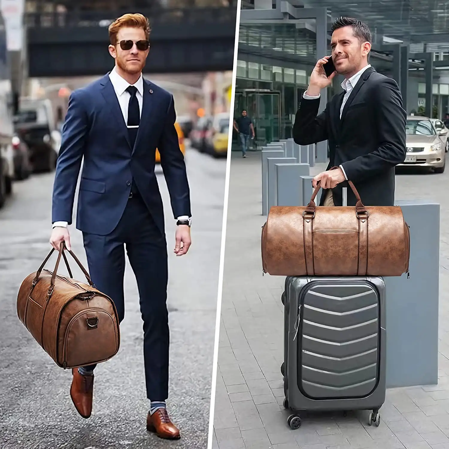 Vintage Brown Black Garment Bags for Travel Leather Garment Duffle Bag Convertible Mens Suit Travel Bags with Shoe Compartment