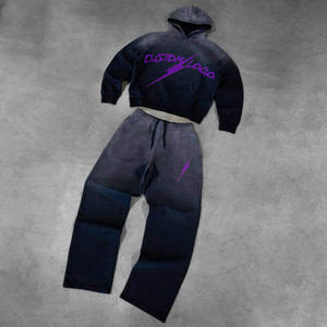 <b>Distressed</b> Embroidery Men Acid Wash Hoodie And Sweat Suit Set Heavyweight Tracksuits For Men With Private Label Option - Product Image 2