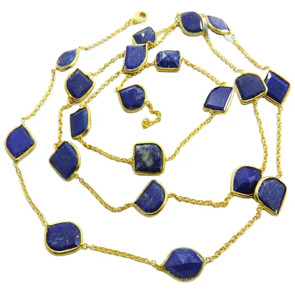 Lapis lazuli gemstone 18k gold plated handmade long chain necklace, fine handmade gemstone jewelry, indian fashion jewelry