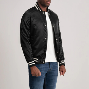 Noir Satin Varsity Bomber Veste Rétro Baseball Style Léger Unisexe Streetwear Classique Collège Coupe-Vent Manteau - Product Image 5
