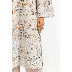 Traje de Encaje Estampado Beige de 3 Piezas con Botón Bordado y Decoración Plizada, Estilo Casual - Product Image 1