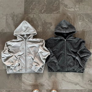 Nouvel Arrivage – Sweat à Capuche Zippé Style Vintage Délavé à l'Acide, Design Personnalisé Entièrement Orné de Strass, Bas Effet Vieilli, Homme, Automne, 100% Coton - Product Image 6