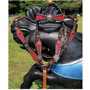 Rouge Blinge Ombre Fringe Tack Set En Cuir Véritable Léger Équipement D'équitation Comprend Headstall Sein Selles Western - Product Image 1