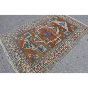 Alfombra turca vintage clásica naranja azul 4,8x7,7 pies Patchwork rectángulo lana poliéster látex respaldo para sala de estar dormitorio - Product Image 2