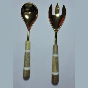 Vaisselle de table design antique ensemble d'outils à salade manche en bois fait à la main avec couverts plaqués or pour restaurant à la maison - Product Image 1