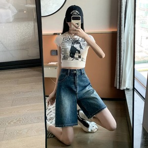 Mode de rue Cool Girl Simple Blanc Denim Shorts D'été Taille Haute Lâche Polyvalent Droite Cinq Quarts Jeans - Product Image 6