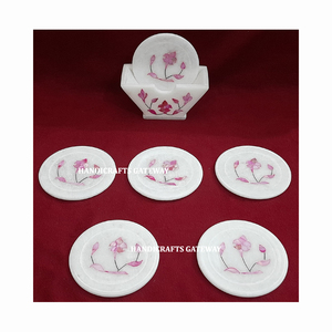 Attractive And High Demanded White Marble With Fine Finished And <b>Pink</b> Mother Of Pearl Inlay Round Shape <b>Coaster</b> Set For Festival - Product Image 2