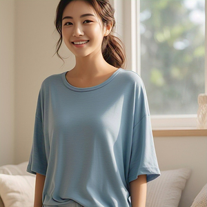 Camiseta de hombro caído para mujer, camiseta de verano de manga corta con cuello redondo, camiseta de gran tamaño de poliéster y algodón 100% para mujer - Product Image 6