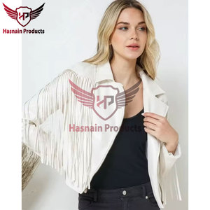 Womens Real White Leather <b>Jacket</b> <b>Fringe</b> Sleeves Tassels Lapel Sheepskin Cream Western Cowgirl Biker Coat Custom Winter Outerwear - Product Image 6