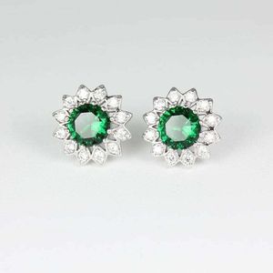 Topcarat Simulated Green <b>Emerald</b> Diamond Halo Flower Stud <b>Earrings</b> 925 Silver 14k White <b>Gold</b> Plated - Product Image 4