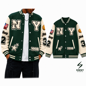 Chaqueta Deportiva Verde para Hombre SINEWY SPORTS, con Letras NY Bordadas, Diseño de Parche de Estrellas 1998, Estilo Preppy, Chaqueta de Béisbol Informal - Product Image 2