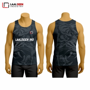 เสื้อกล้ามผู้ชายผ้าโพลีเอสเตอร์/ ผ้าฝ้ายถักระบายอากาศได้ดีมีโลโก้ด้านหน้าและด้านหลังสำหรับยิมและออกกำลังกาย - Product Image 2