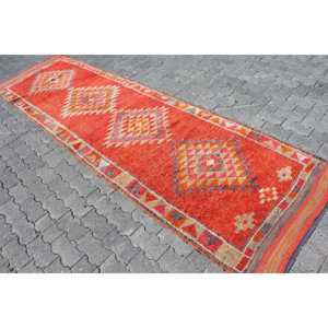 3.1x11.5 ft <b>Runner</b> Turkish Vintage Rug, <b>Red</b> Ikat Wool Rug - Product Image 2